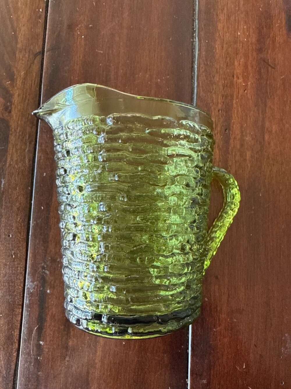 Vintage Anchor Hocking Soreno Avocado Green Glass Creamer Textured Bark 4”